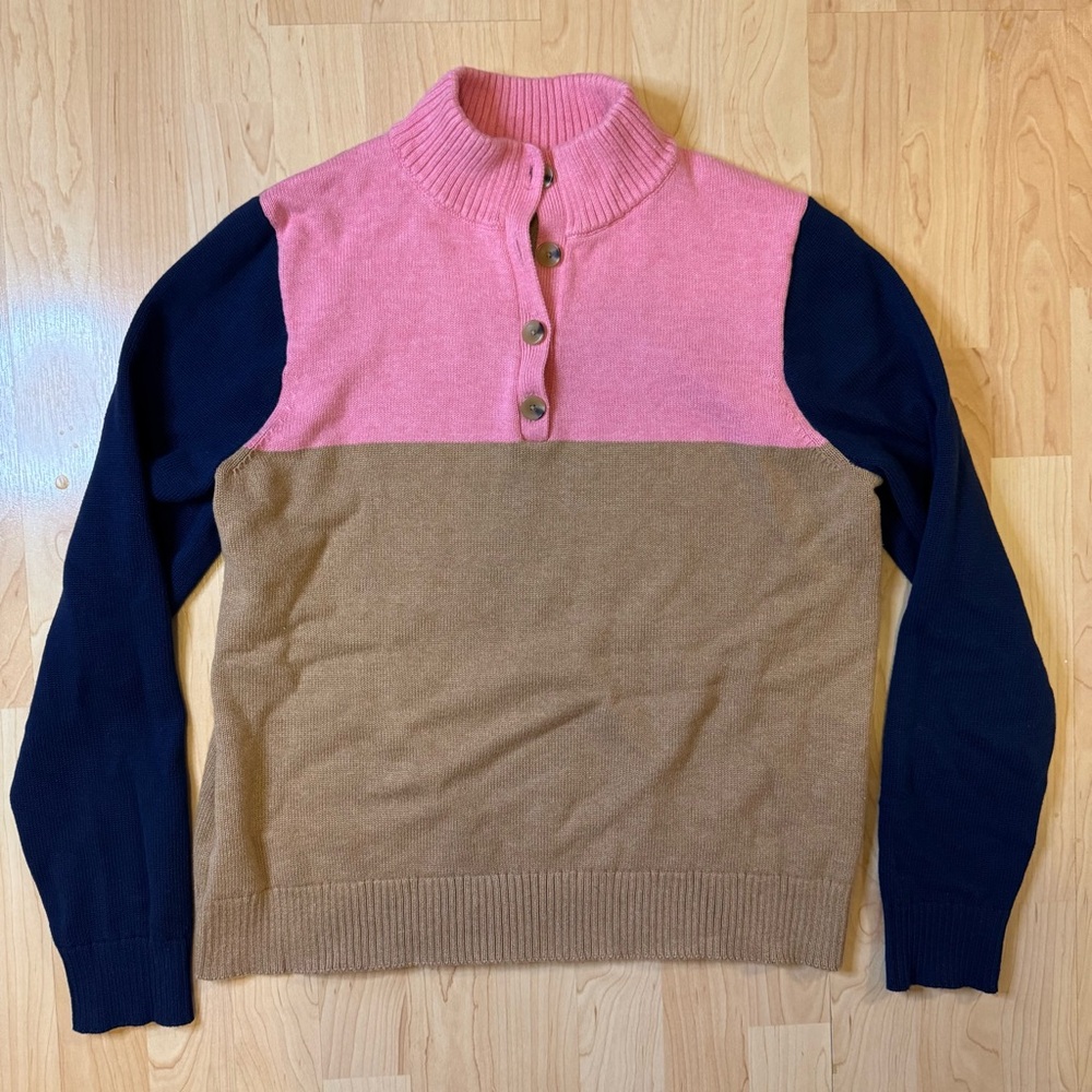 J Crew pink tan navy button long sleeve color block knit sweater size large